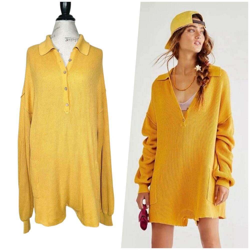 Free People Mustard Yellow Ribbed Polo Romper